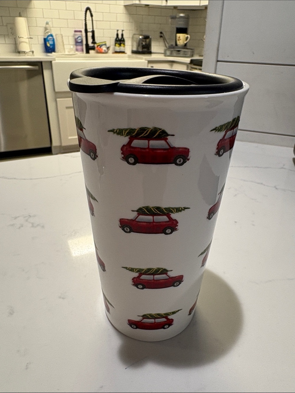 White Travel Tumbler with Red Car Pattern - Insulated Drinkware